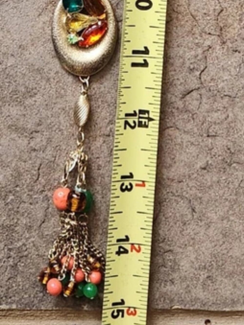 Vtg Statement Necklace Gold Tone Multi Chain & Colored Rhinestone Beaded Tassel - Picture 16 of 16